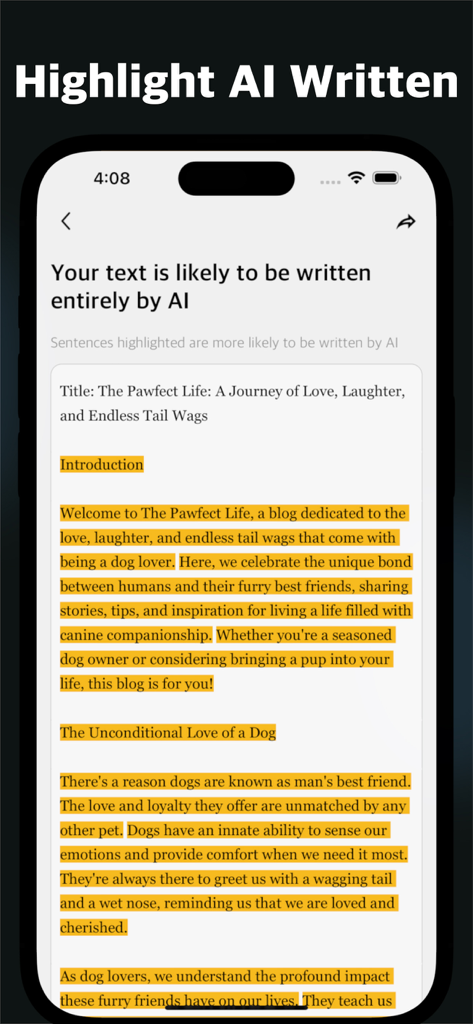 AIZero - AI Detector - AIZero app interface highlighting sentences in a document that are likely written by AI
