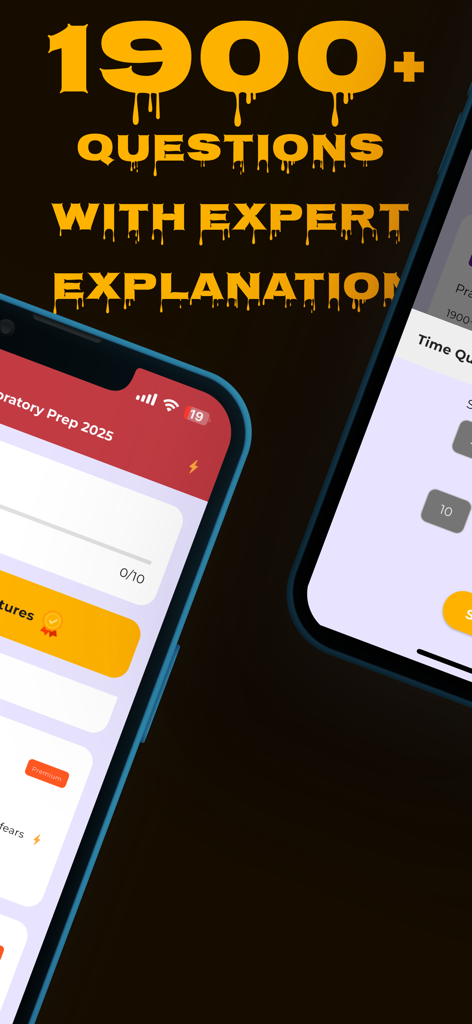 Medical Laboratory Prep 2025 - Gráfico promocional para Medical Laboratory Prep 2025 destacando más de 1900 preguntas con explicaciones de expertos e interfaces de estudio de exámenes móviles.