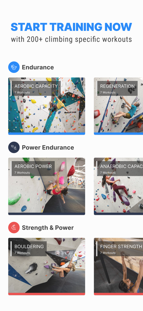 Crimpd - Interface of the Crimpd app showing categories for endurance power endurance and strength climbing training.
