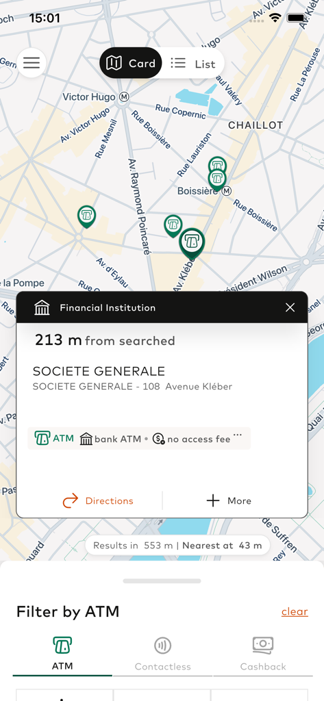 Mastercard Nearby app interface displaying ATM locations on a city map with specific bank details