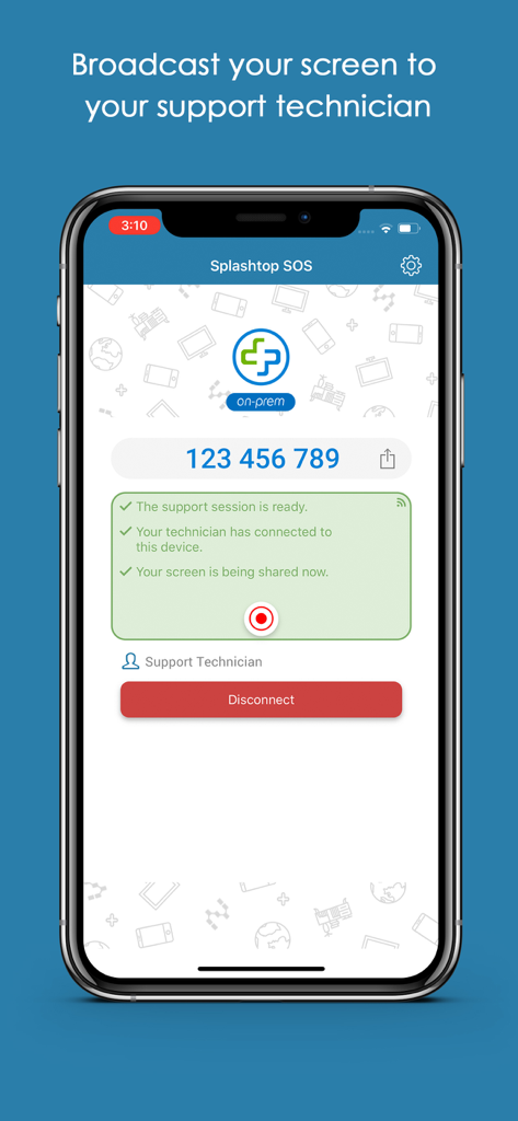 Interfaccia dell'app SOS On-Prem di Splashtop che mostra un codice di sessione di 9 cifre per la condivisione schermo in tempo reale con un tecnico remoto.