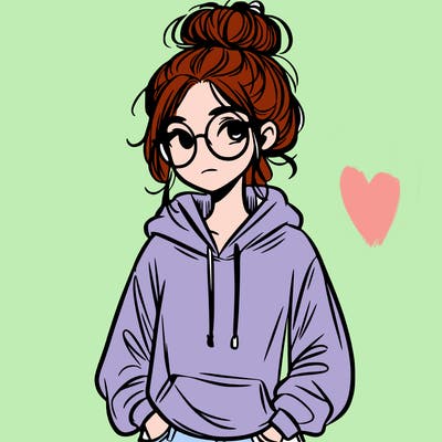 teen girl with a messy bun and glasses wearing a loose hoodie and jeans