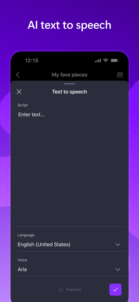 Mobile interface of Microsoft Clipchamp app showing AI text to speech tool with English United States language and Aria voice selection