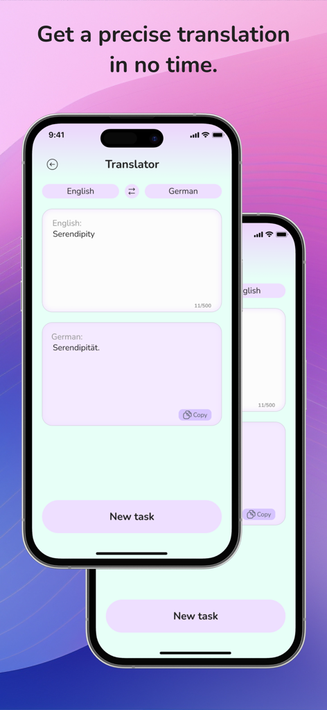 Homework Solver: AI Helper App - Una interfaz de aplicación móvil que muestra una función de traducción de inglés a alemán en la Solucionador de Tareas: Aplicación de Ayuda IA
