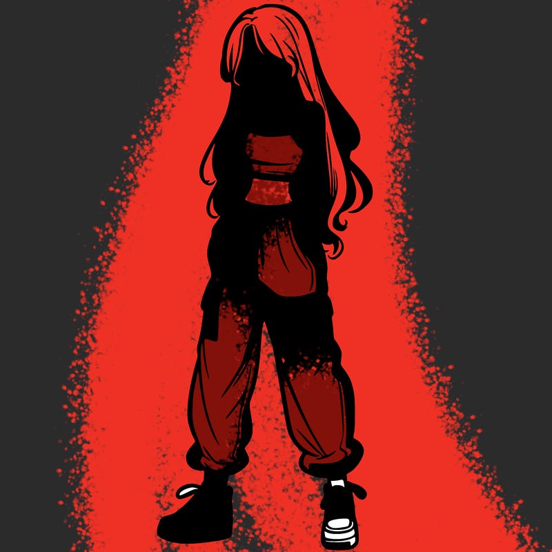 girl in baggy pants crop top and long hair