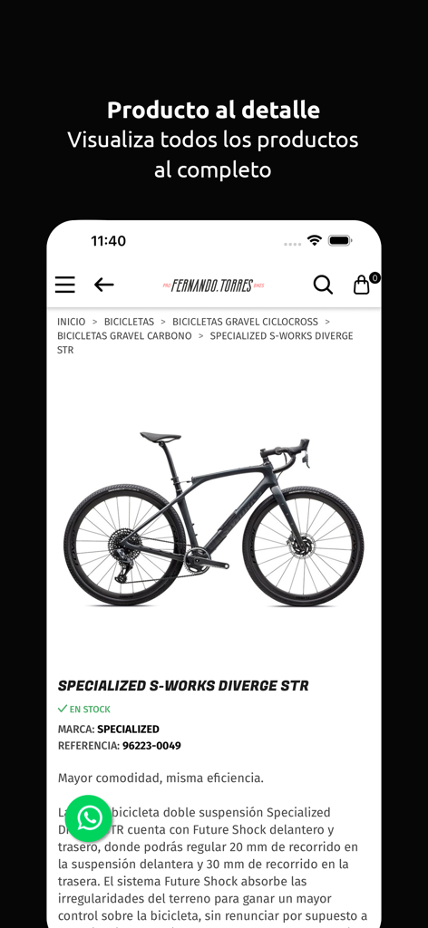 Fernando Torres Probikes - Página de producto detallada de una bicicleta de gravel Specialized S-Works Diverge STR en la aplicación móvil Fernando Torres Probikes.