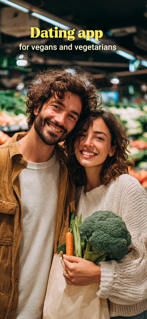 A happy smiling couple holding a paper bag filled with fresh vegetables