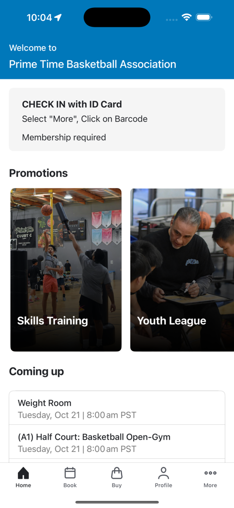 Dashboard of the PTBA app showing skills training promotions and upcoming basketball gym schedules