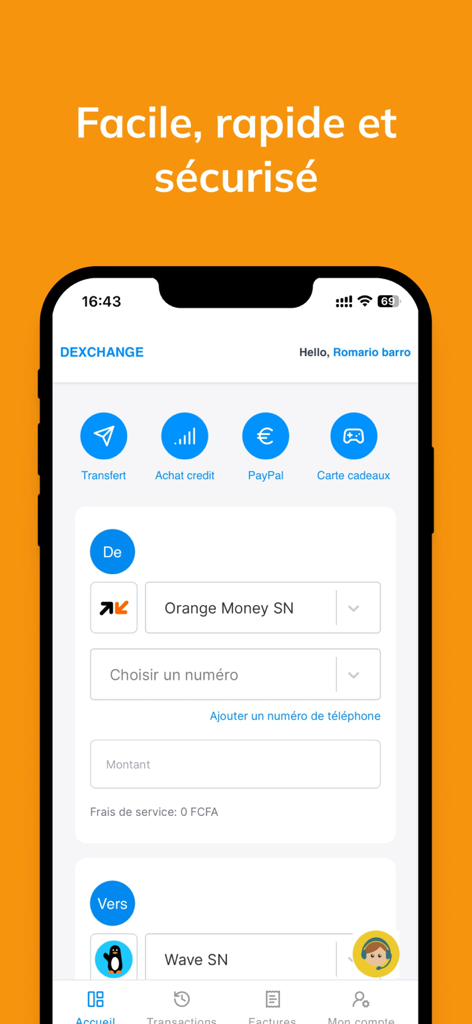 Interface do aplicativo Dexchange para transferência de dinheiro entre carteiras Orange Money e Wave