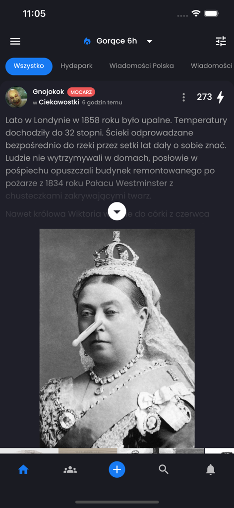 Hejto - Hejto app interface displaying a community post with historical trivia and an image of Queen Victoria in dark mode UI.