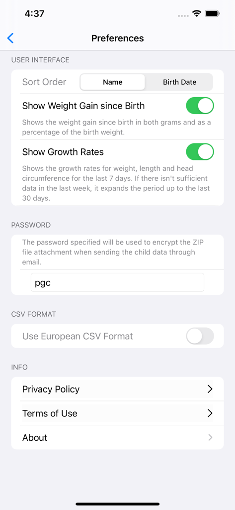 Preterm Growth Tracker - Preferences screen of the Preterm Growth Tracker app showing settings for data display sort order and file encryption password