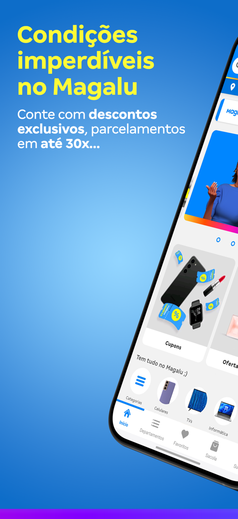 Cartão Luiza: descontos Magalu - Mobile app interface of Cartao Luiza showing exclusive shopping discounts and installment payment options for Magalu products.