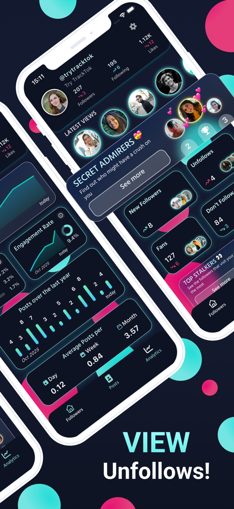 TrackTok mobile app dashboard showing TikTok unfollowers, profile views, and secret admirers analytics.