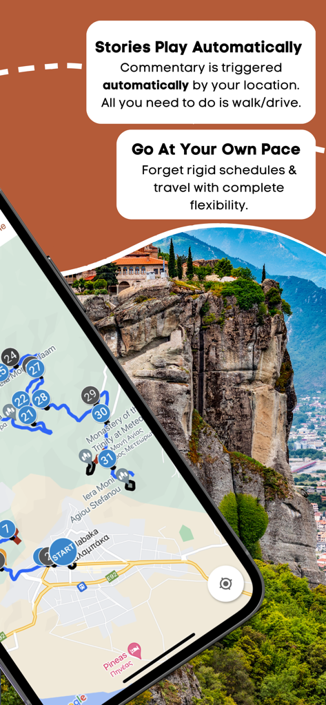 Meteora Monasteries Audio Tour - A smartphone showing a GPS-enabled map with a tour route and pins for Meteora monasteries, highlighting automatic audio and flexible travel features.