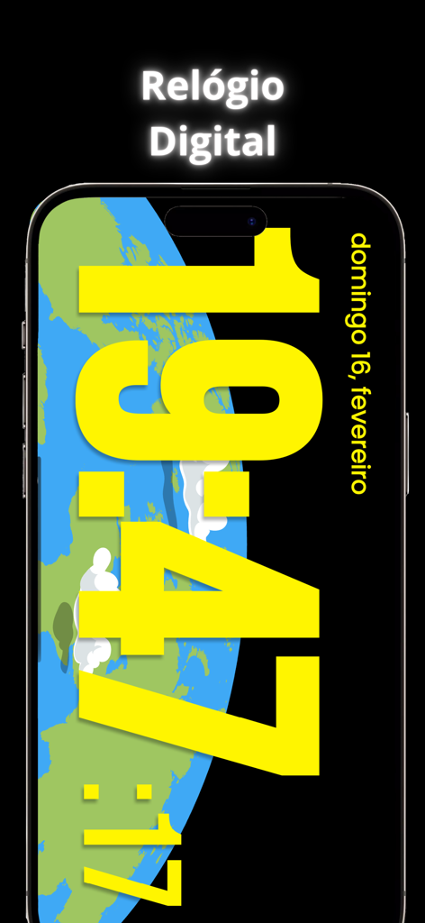 Banner Display App - Digital clock mode in the Banner Display App featuring large yellow text and an earth background