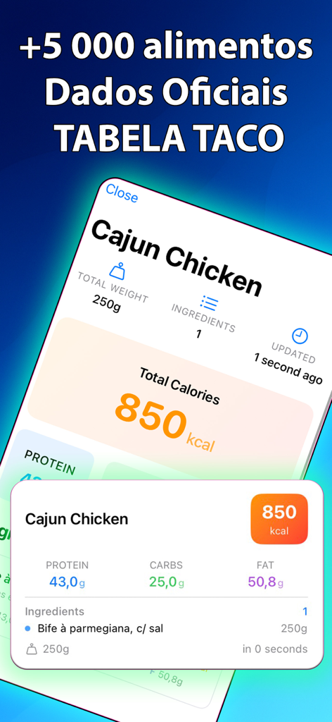 Mobile app interface showing calorie and macronutrient breakdown for Cajun Chicken using the official TACO food table