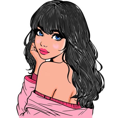 realistic girl with bangs looking over her shoulder