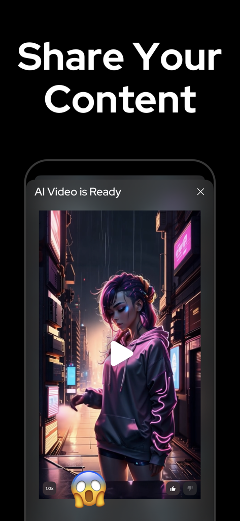 A preview of an AI generated cyberpunk video ready for sharing in the Videl app