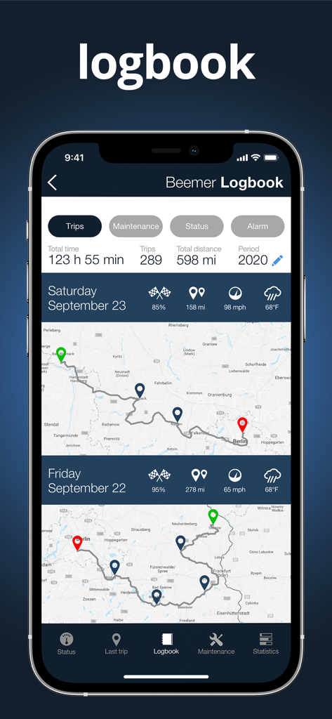 mo.ride - The motorcycle app. - mo.ride app logbook screen showing a history of motorcycle trips with GPS maps and ride statistics