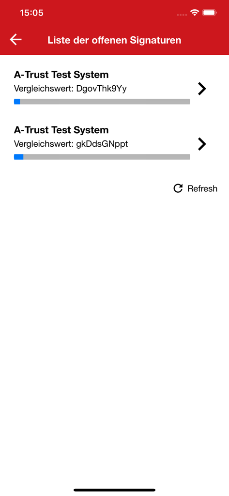 Un elenco di richieste di firma digitale in sospeso nell'app A-Trust Signatur che mostra i valori di confronto e le barre di avanzamento.