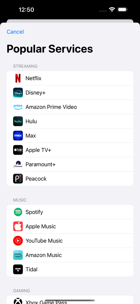 Subscription Tracker Pro - A menu of popular subscription templates in the app including streaming and music services like Netflix, Disney+, and Spotify.
