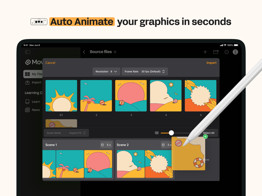 Linearity Move Motion Graphics - Linearity Move iPad interface showing the auto-animate feature for motion graphics