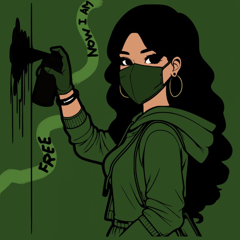 realistic girl with mask spray painting a wall