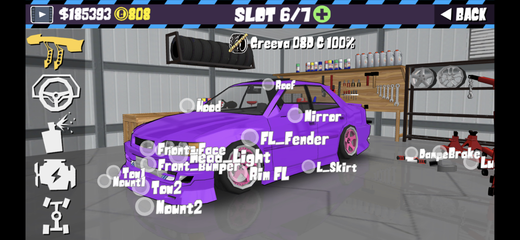 Customizing a purple drift car in the FR Legends garage showing available part modifications