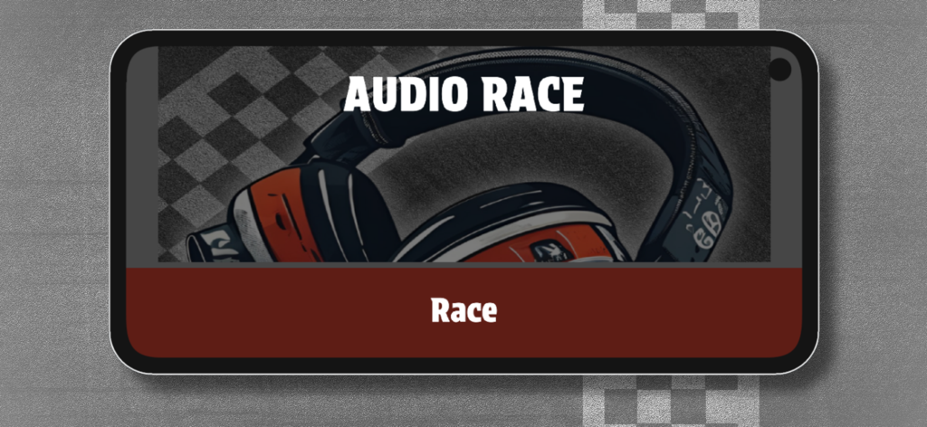 AudioRace - Menú principal de la aplicación AudioRace que muestra el título del juego y un gran botón Race en la pantalla de un smartphone.