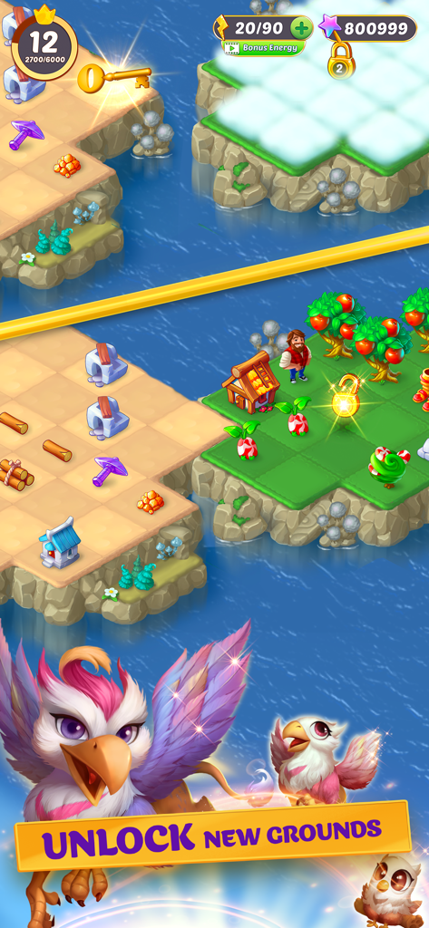 EverMerge game screen showing a floating island map with mythical creatures and land to be unlocked