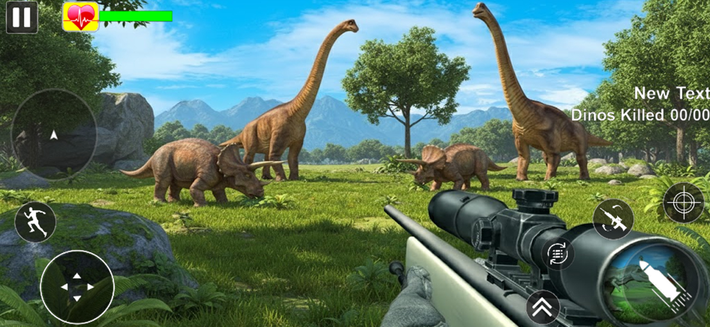 Dinosaur Hunter Deadly Shores - Vista en primera persona de un rifle de francotirador apuntando a dinosaurios en un campo