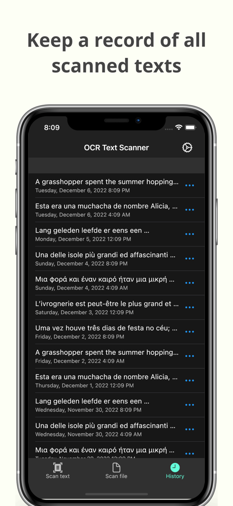 History screen of the OCR Text Scanner app showing a list of recorded text scans with dates