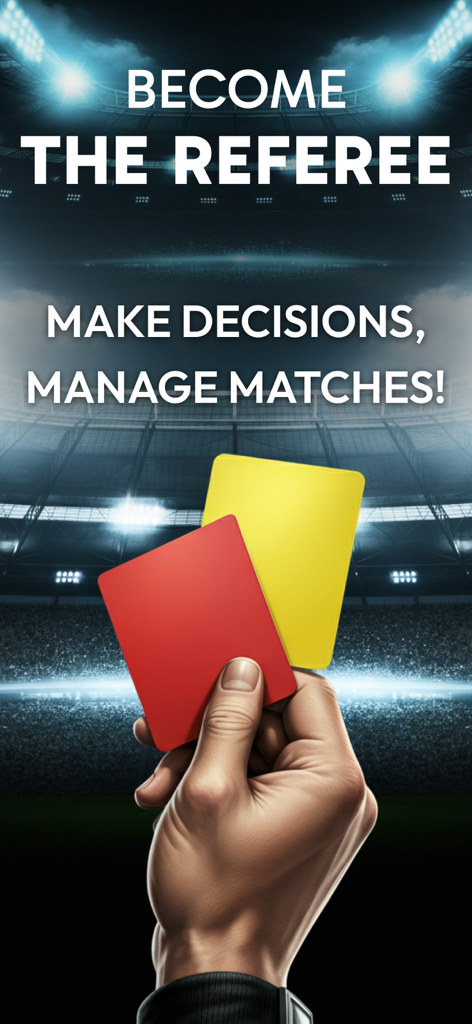 Referee Simulator : Soccer - Una mano sosteniendo tarjetas amarillas y rojas en un estadio de fútbol con el texto Conviértete en el Árbitro