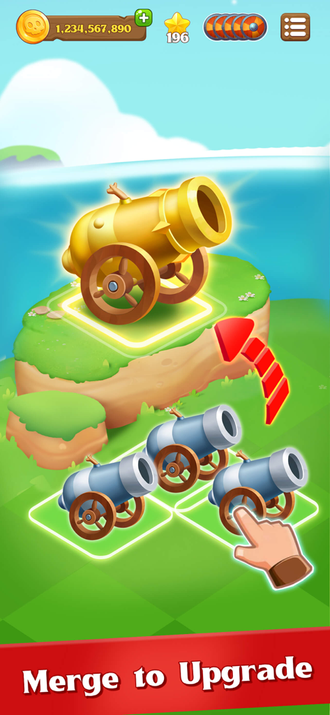 A gameplay screen from Pirate Master showing a hand merging cannons to upgrade into a larger golden cannon on a tropical island.