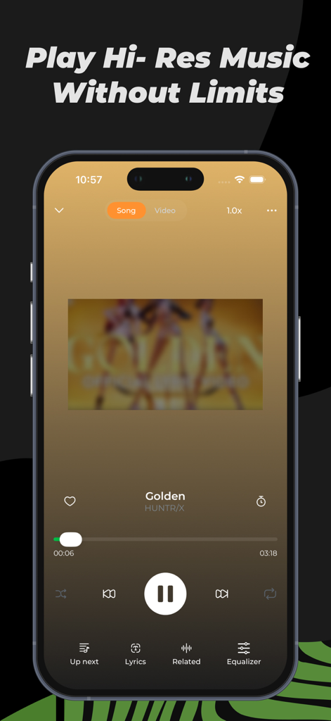 Music Lite - Music Player - Interface of the Music Lite app showing a song called Golden playing with hi-res audio and music controls.
