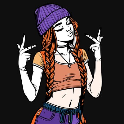 realistic teenage girl with braids and a beanie and crop top doing 🫶🏼