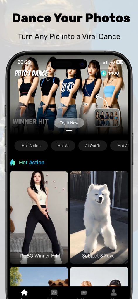 AI Twerking Video -Photo Dance - Interface of the AI Twerking Video app showing viral dance templates for photos of people and pets