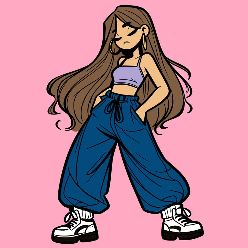 girl in baggy pants crop top and long hair
