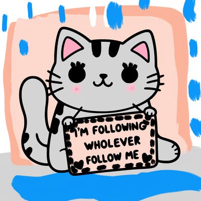cat with a sign that says i’m following whoever follows me
