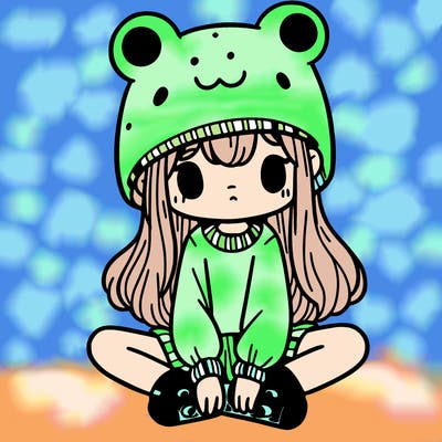 a girl wearing a frog hat and some frog socks