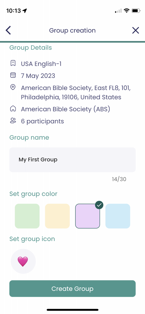 THI Mobile App - Interface for setting up a trauma healing small group in the THI mobile app showing group details and name entry