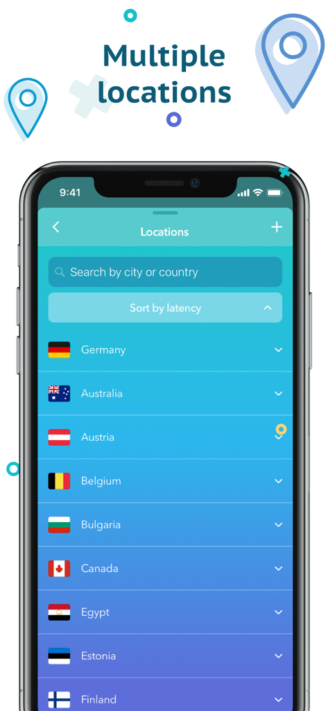 Secure VPN & Proxy by Snowd - A smartphone screen displaying a list of multiple global server locations in the Secure VPN and Proxy by Snowd app.