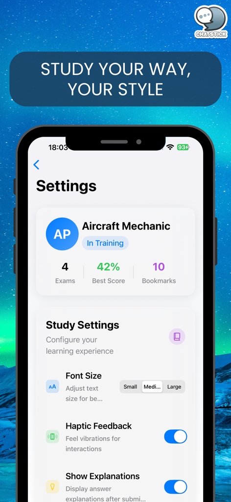 Einstellungen-Bildschirm der FAA AP PowerPrep-App mit Statistiken für Flugzeugmechaniker-Studenten und Optionen zur Anpassung des Lernens