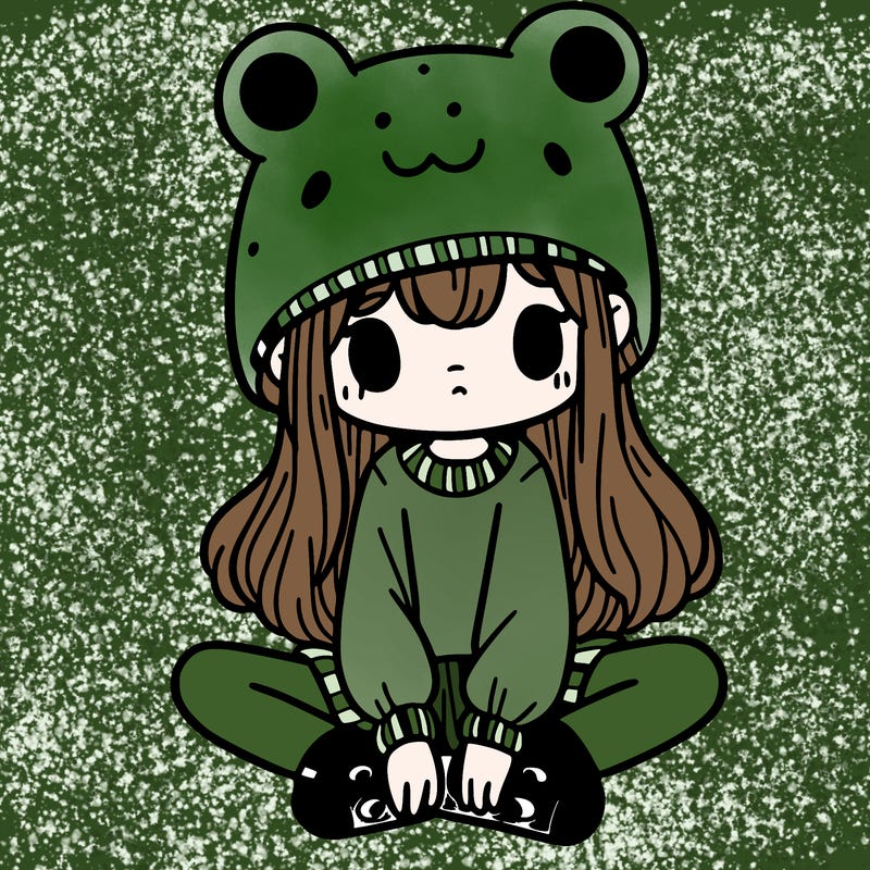 a girl wearing a frog hat and some frog socks