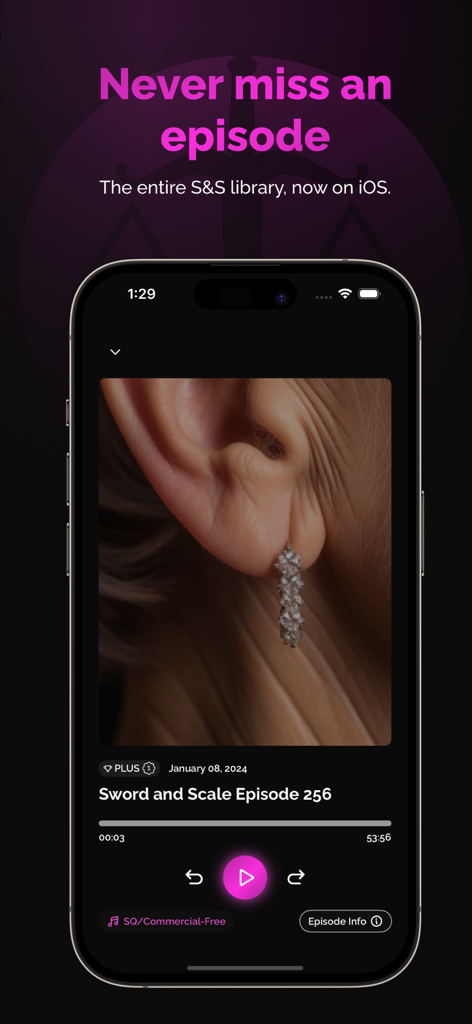 Sword And Scale - Sword and Scale true crime podcast app showing the episode player screen on iOS