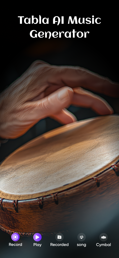 Real Tabla : AI Music Maker - Pantalla de la aplicación Real Tabla AI Music Generator mostrando una mano tocando una tabla