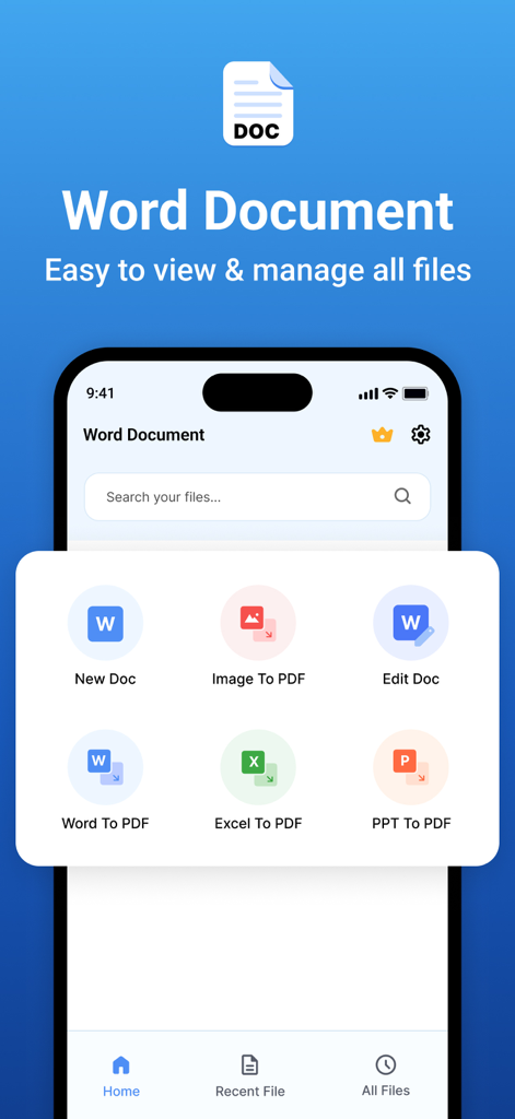 Word document - Interfaz de la aplicación Documento de Word mostrando opciones para crear, editar y convertir archivos a PDF