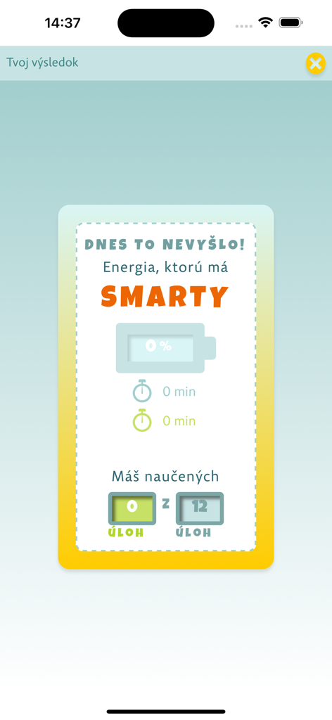 Smartbooks-App Lernfortschrittsanzeige mit null abgeschlossenen Aufgaben und einer leeren Batterieanzeige