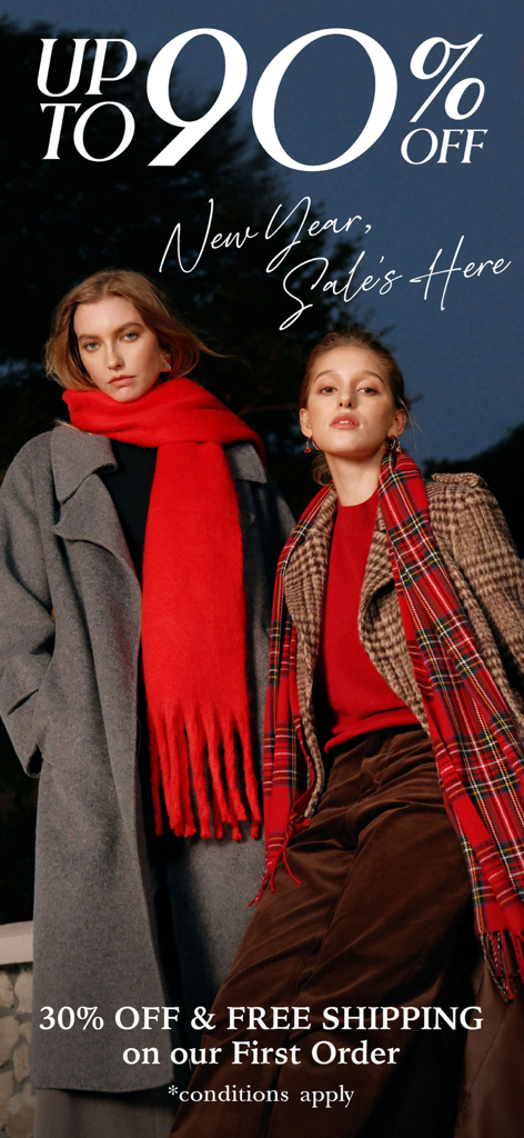 Two women in winter fashion posing for a SHEIN New Year sale banner offering up to 90 percent off.