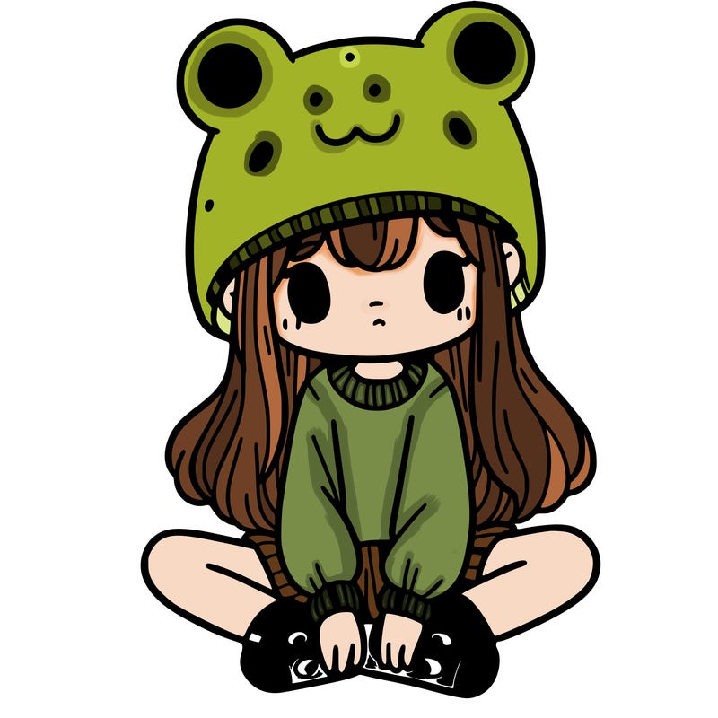 a girl wearing a frog hat and some frog socks